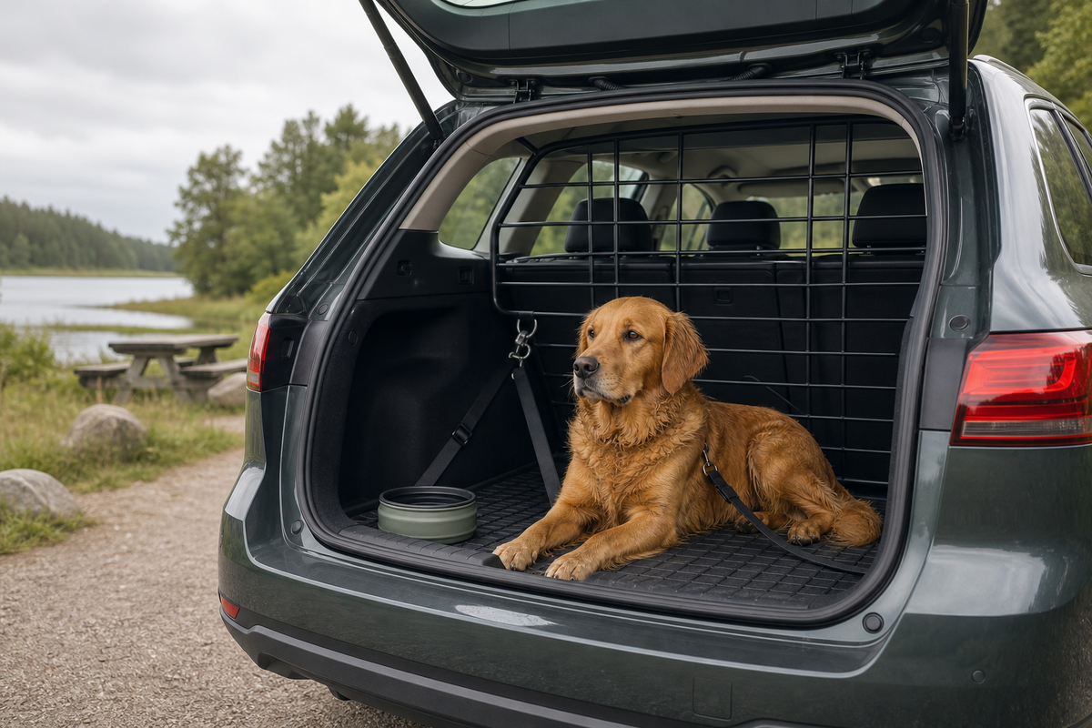 Hund i en säkrad del av en parkerad bil vid en rastplats