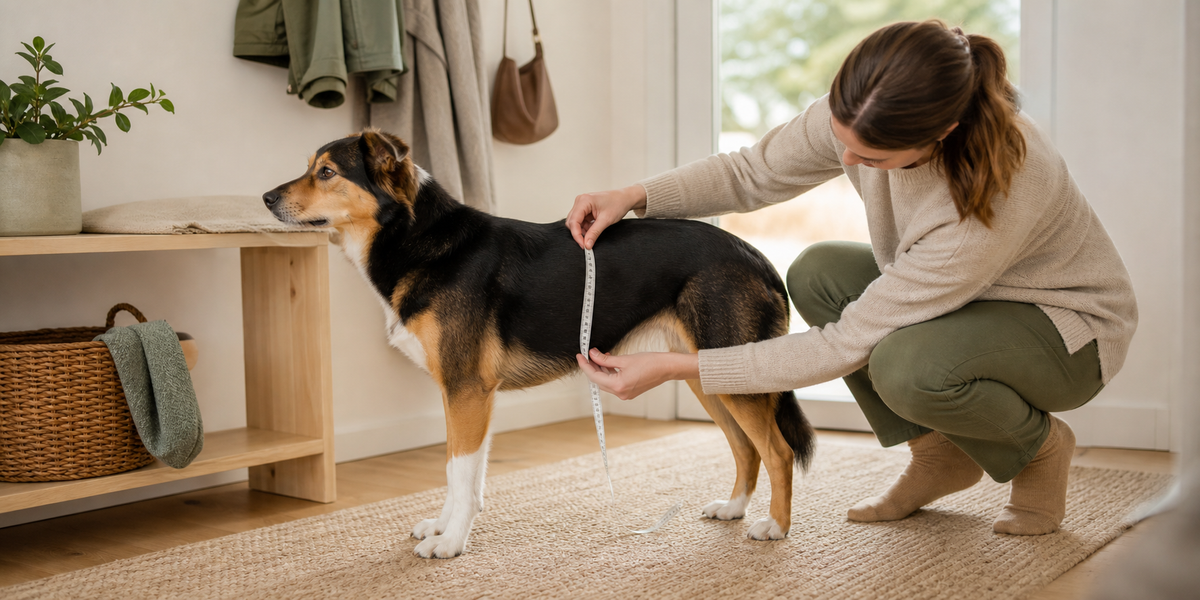 Hundägare mäter hundens bröstomfång inför val av hundsele