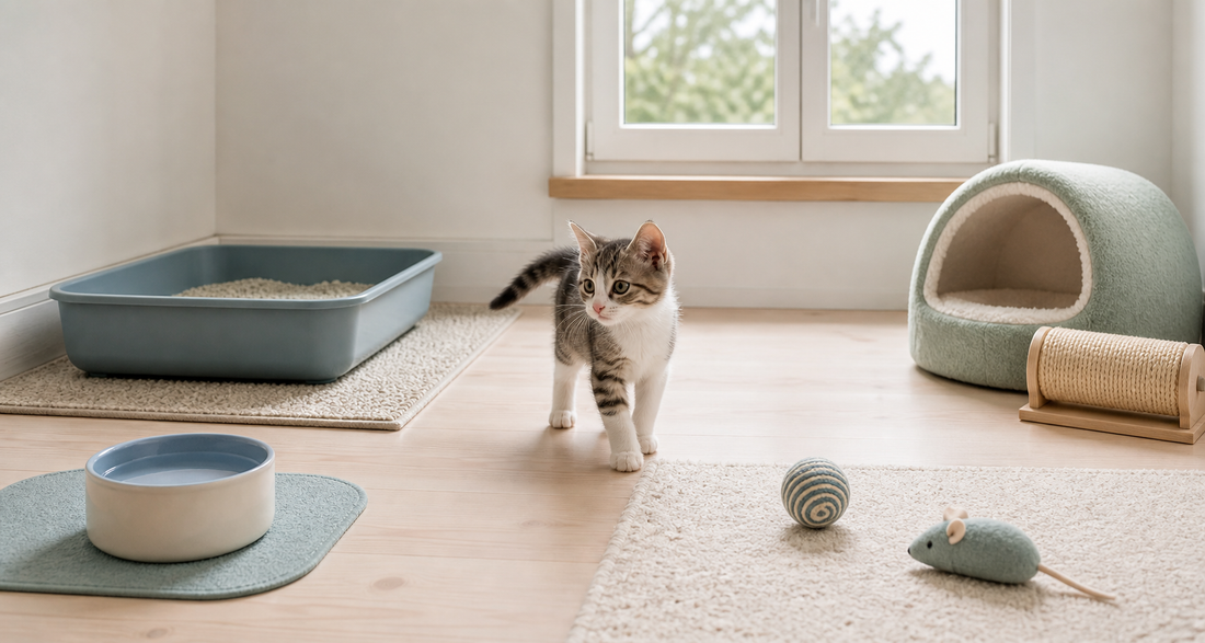 Kattunge i ett förberett rum med sovplats, vatten, klösbräda och kattlåda