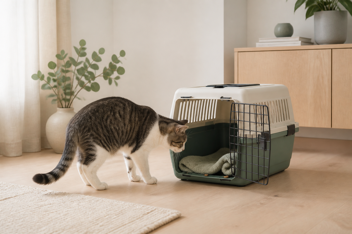 Katt undersöker frivilligt en öppen transportbur med mjuk filt