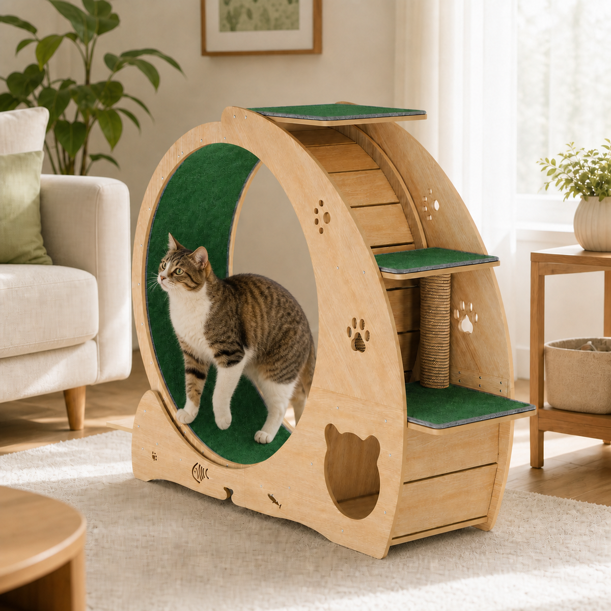 Repklädd klöspelare och gröna plattformar på kattmöbeln