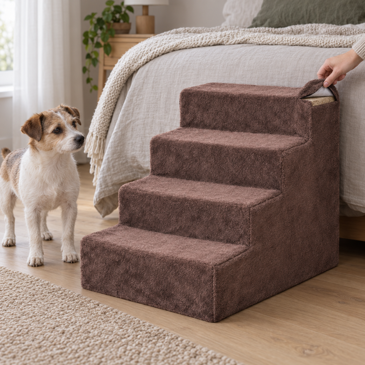 Brun hundtrappa bredvid soffa med liten hund