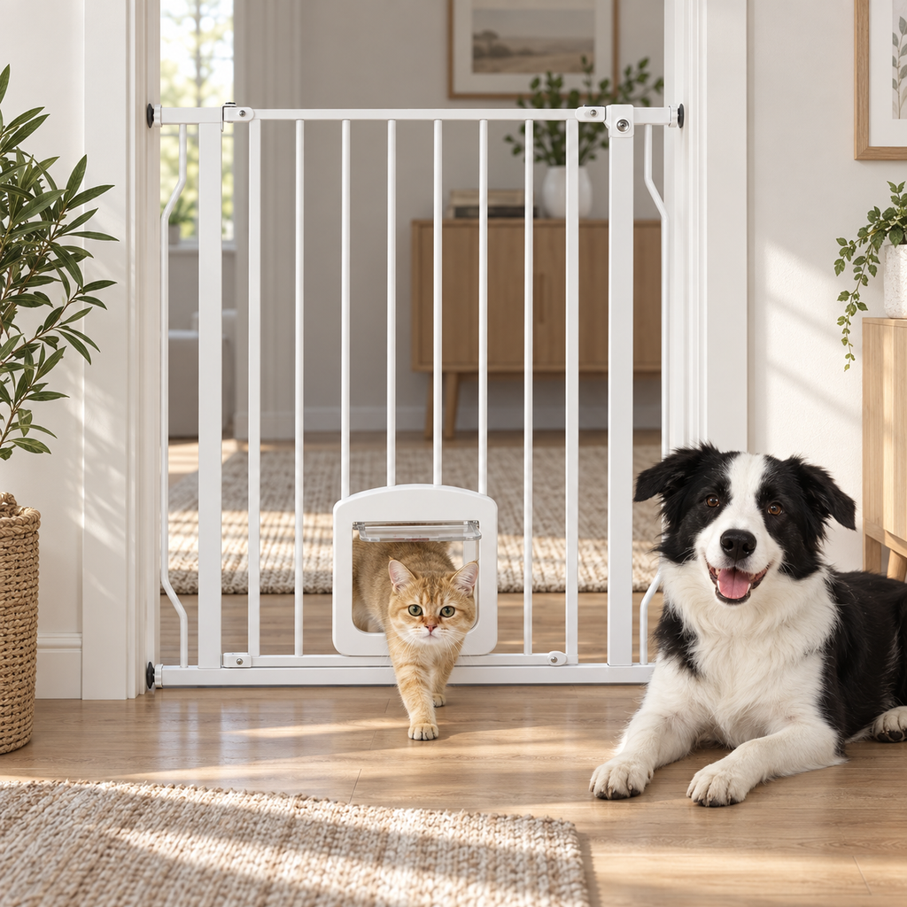Vit hundgrind med kattlucka, 75–85 cm – produktbild