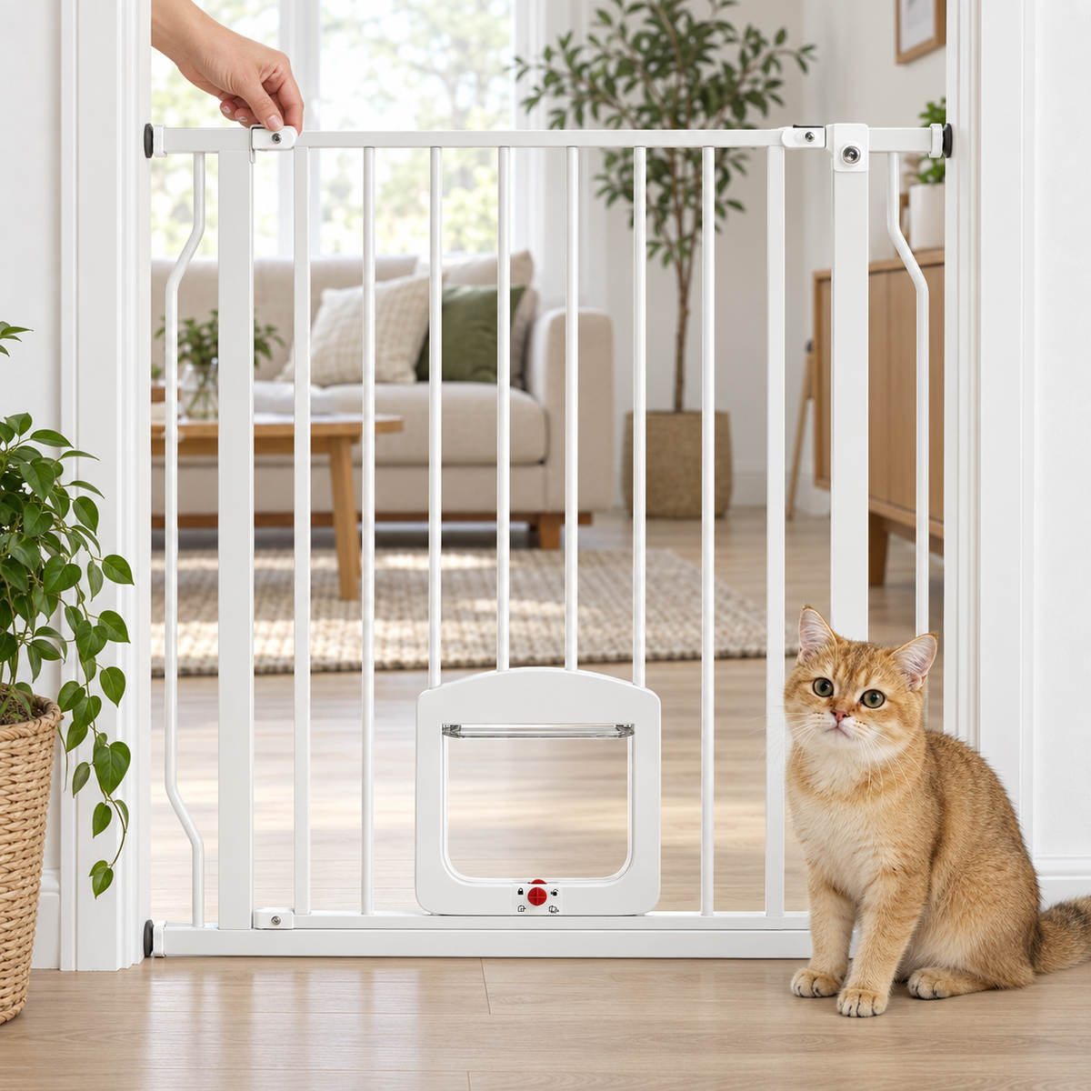 Vit hundgrind med kattlucka, 75–85 cm – produktbild