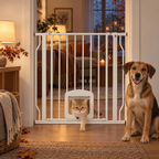 Vit hundgrind med kattlucka, 75–85 cm – produktbild