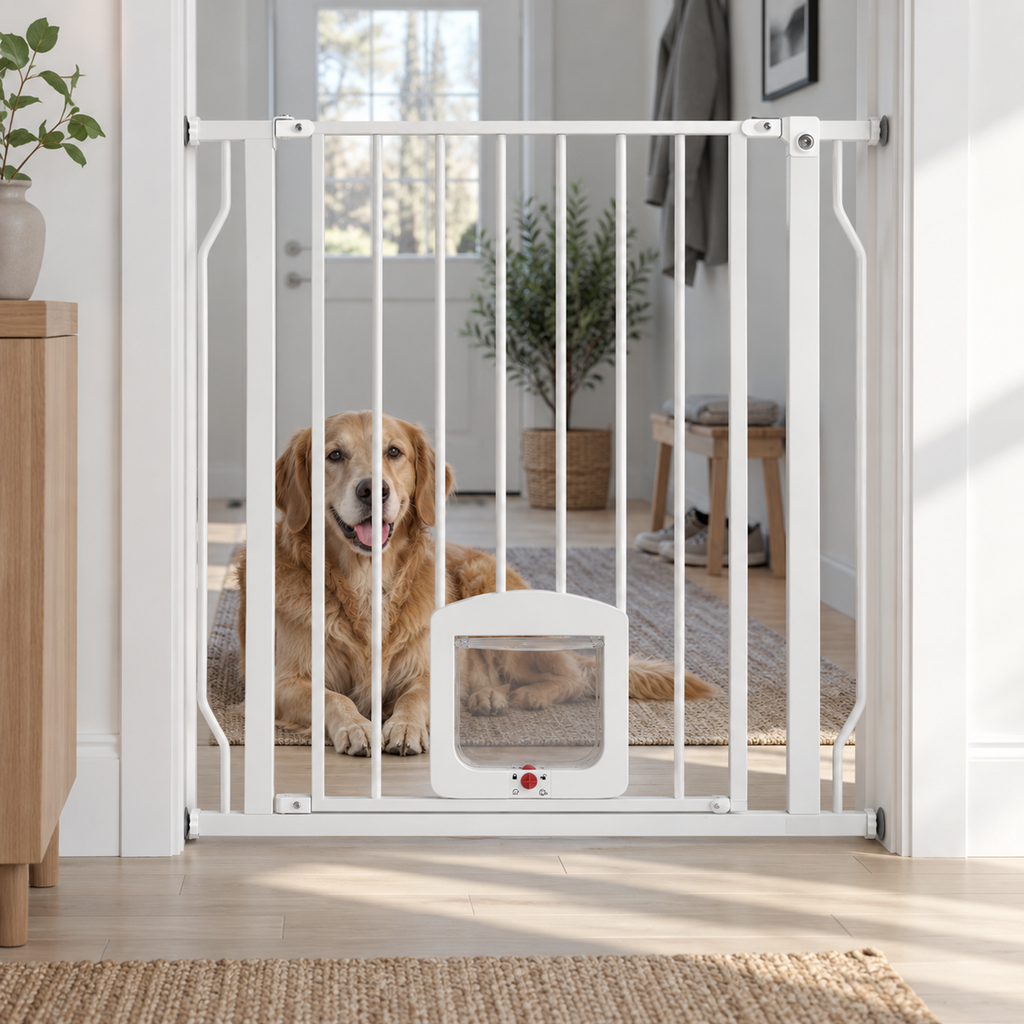 Vit hundgrind med kattlucka, 75–85 cm – produktbild