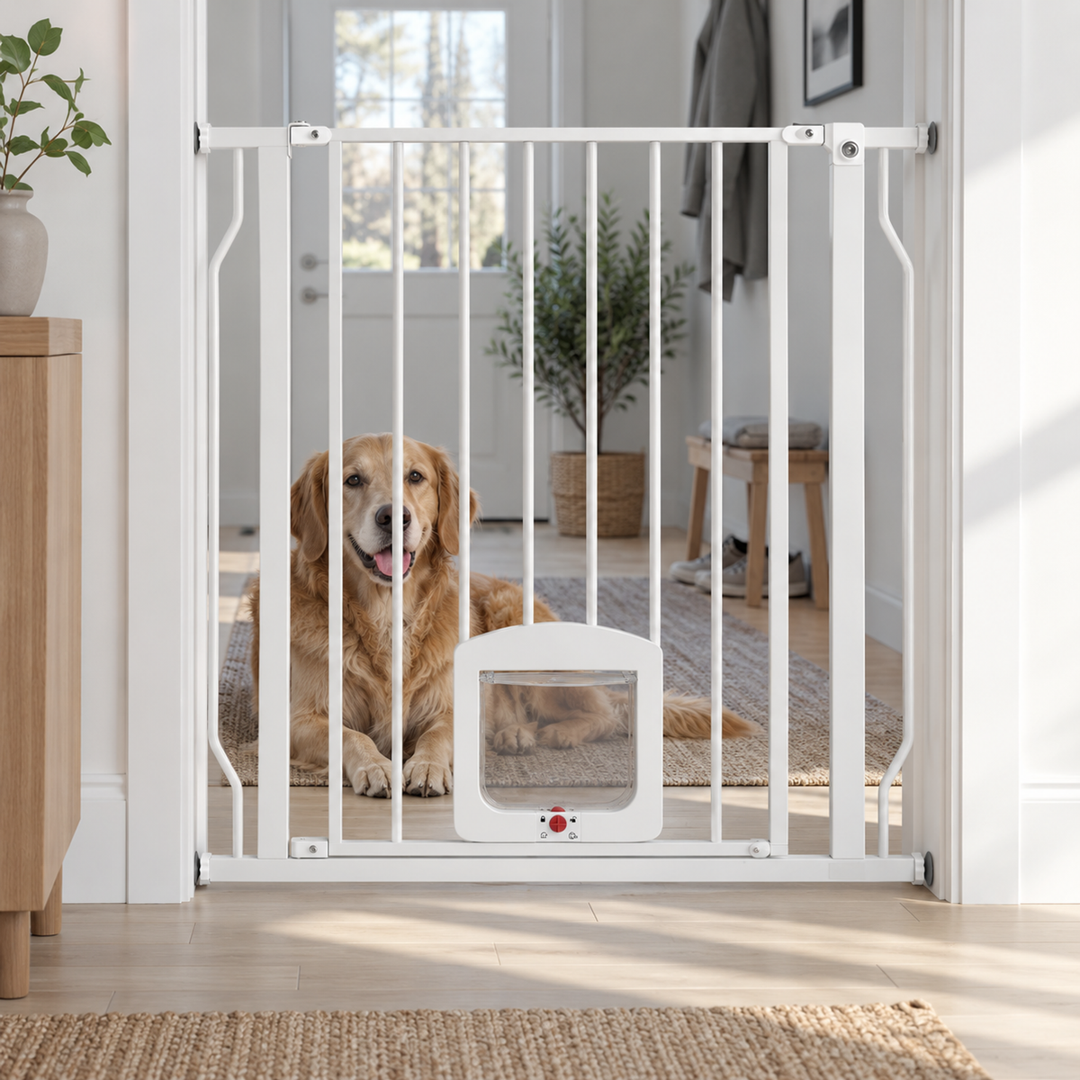 Vit hundgrind med kattlucka, 75–85 cm – produktbild