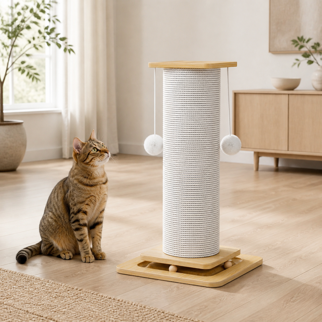 Hög klöspelare med bollbana – i ett vardagsrum med en katt som tittar på de hängande bollarna