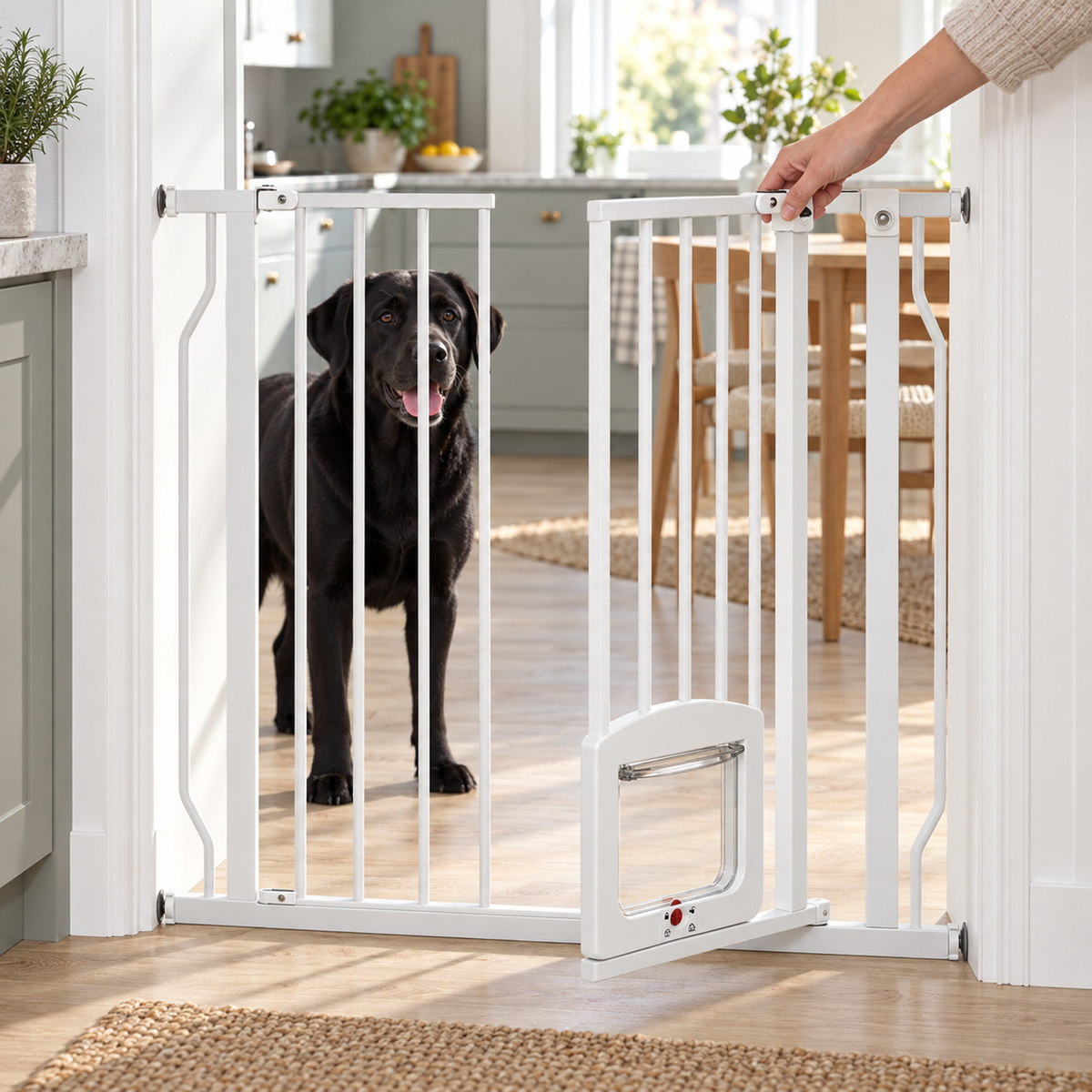 Vit hundgrind med kattlucka, 75–85 cm – produktbild