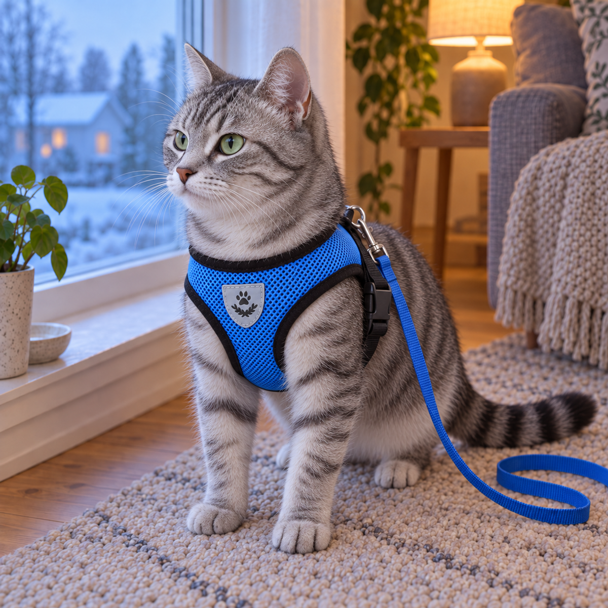 Svart kattsele i mesh med matchande koppel