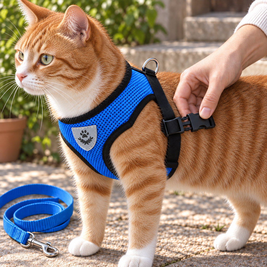Justerbar kattsele i mesh med reflex och koppel – produktbild
