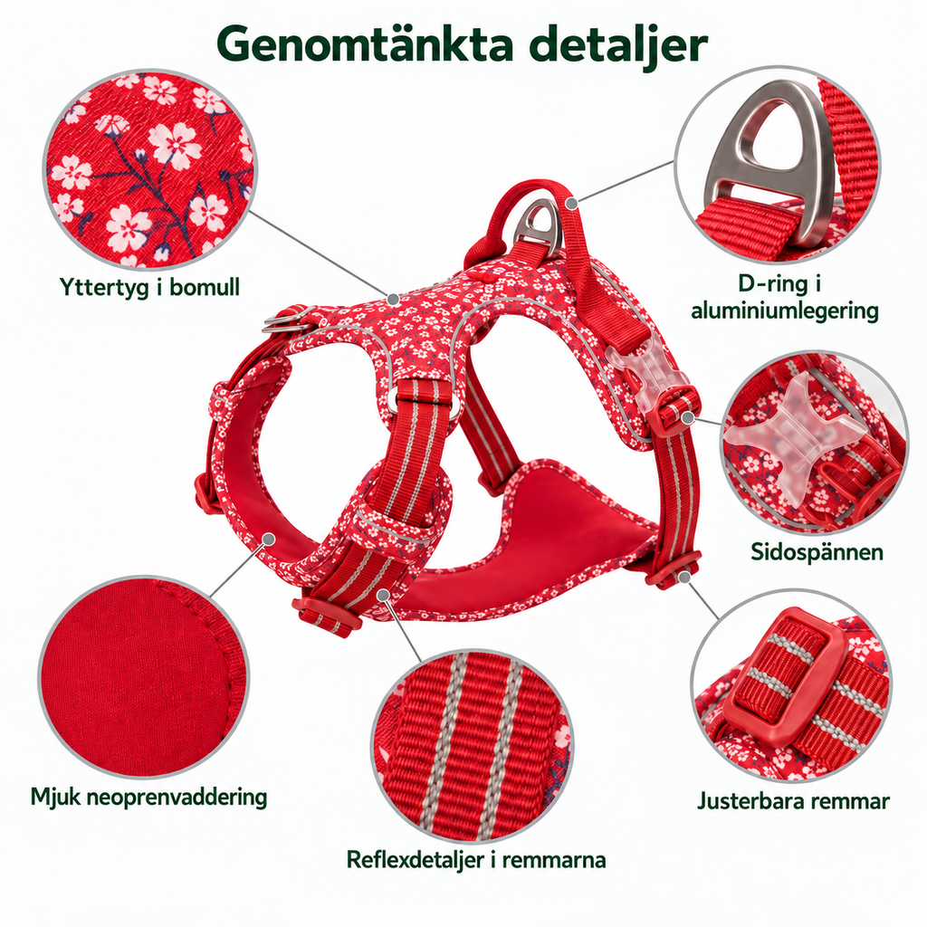 Blommig reflexsele för hund med mjuk vaddering
