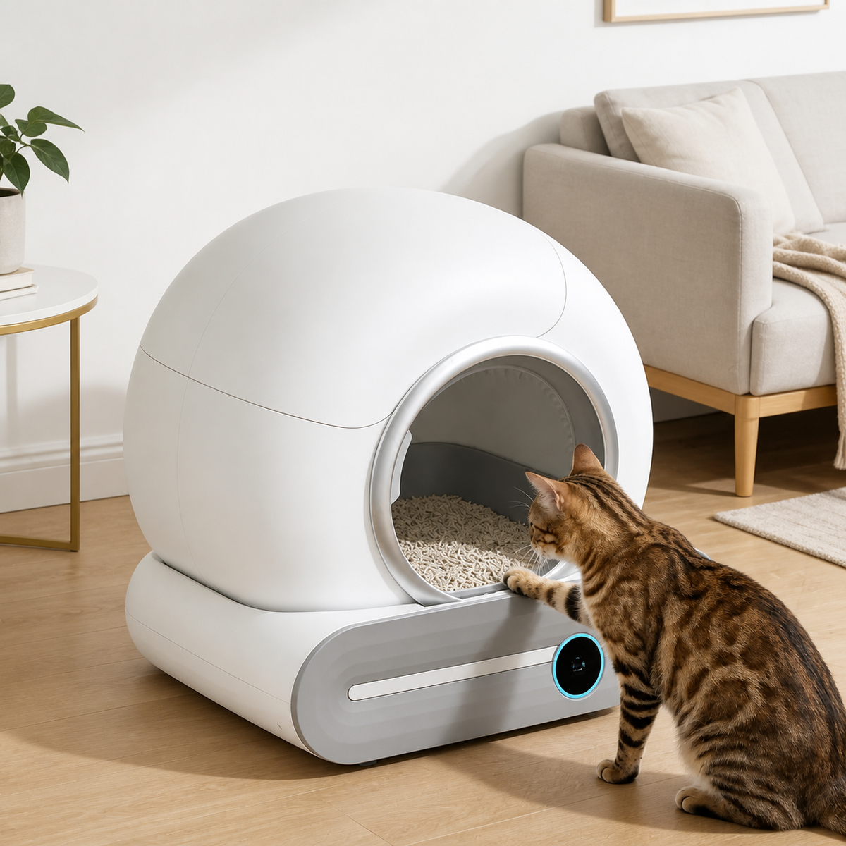 Automatisk kattlåda med appstyrning, i hemmiljö