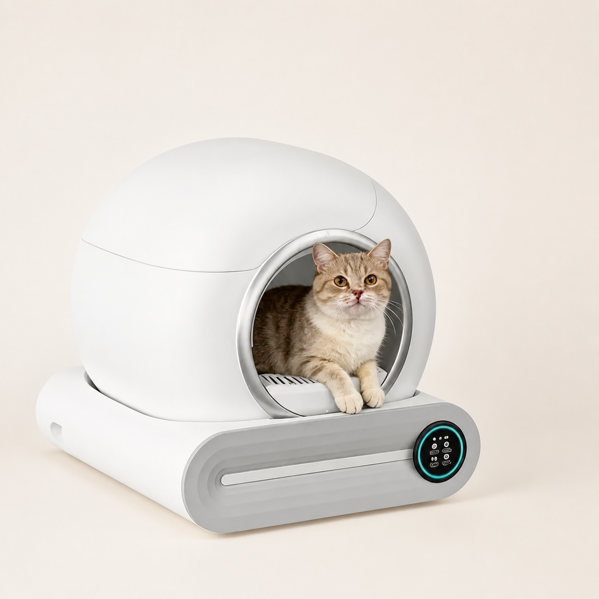 Vit automatisk kattlåda med appstyrning framifrån