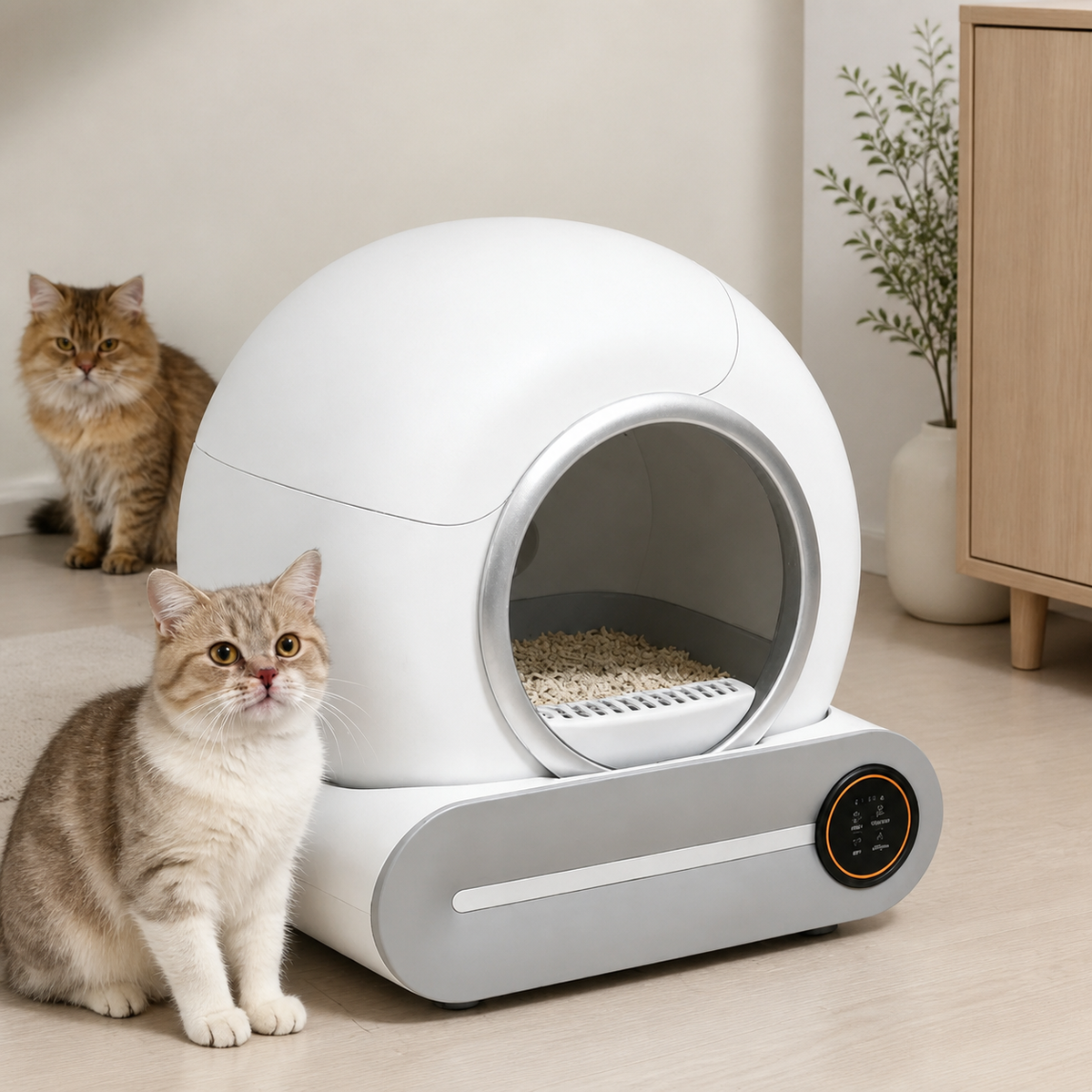 Automatisk kattlåda i hemmiljö med katter