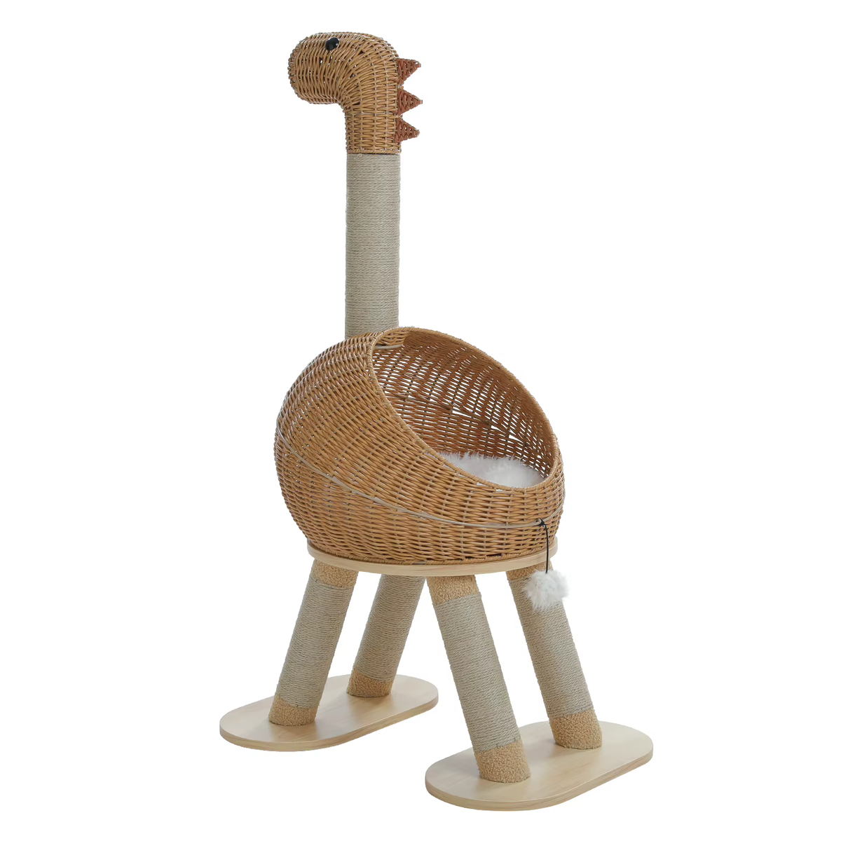 Beige dinosaurieformat klösträd med rottingkoja mot vit bakgrund