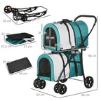 Dubbel hundvagn med två löstagbara transportväskor, med mått i centimeter