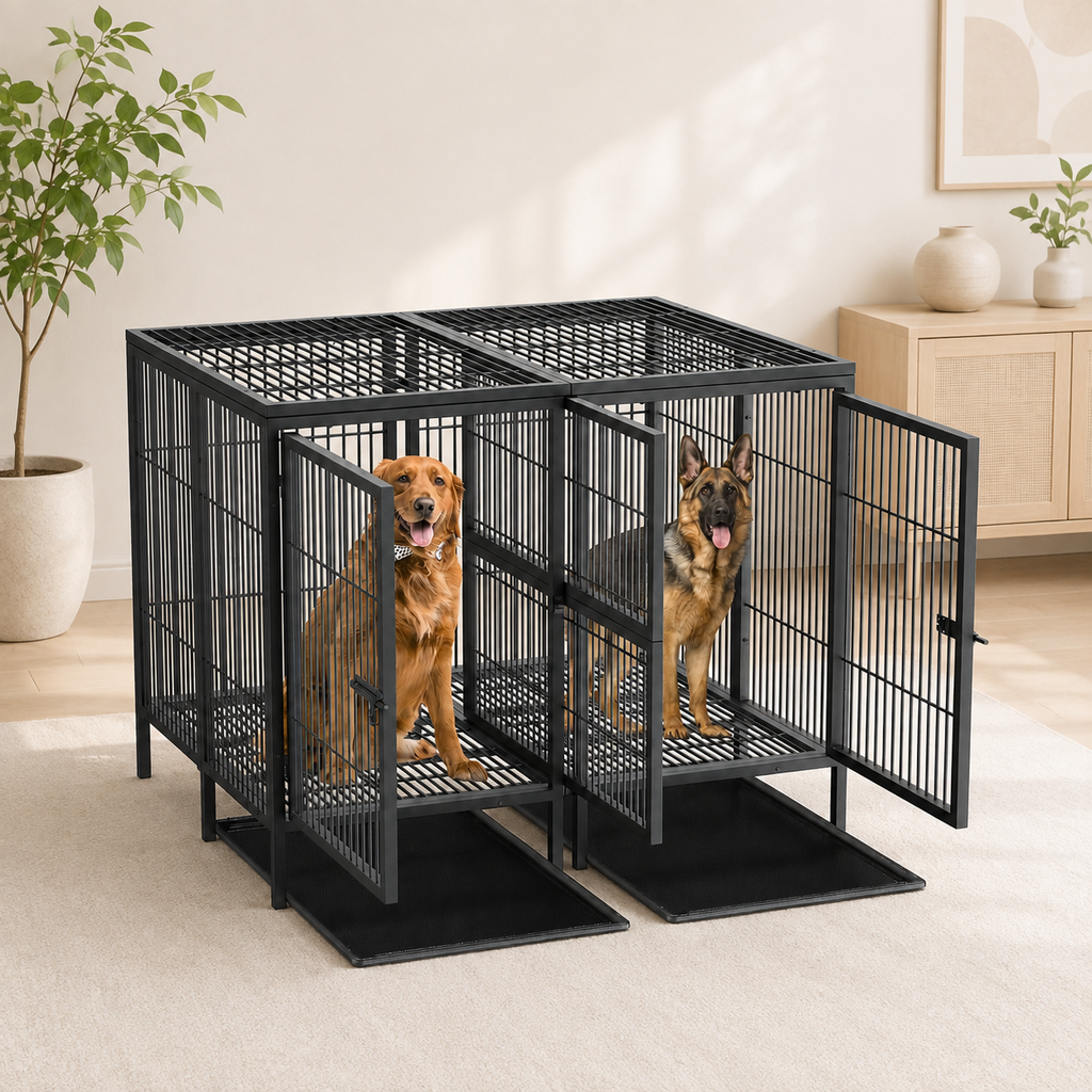 Dubbel hundbur med mittavdelare i ljust hem