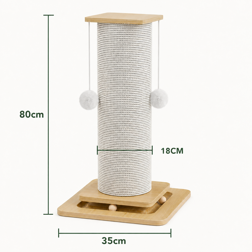 Måttbild för hög klöspelare, 80 cm hög, 35 cm bred och 18 cm i diameter