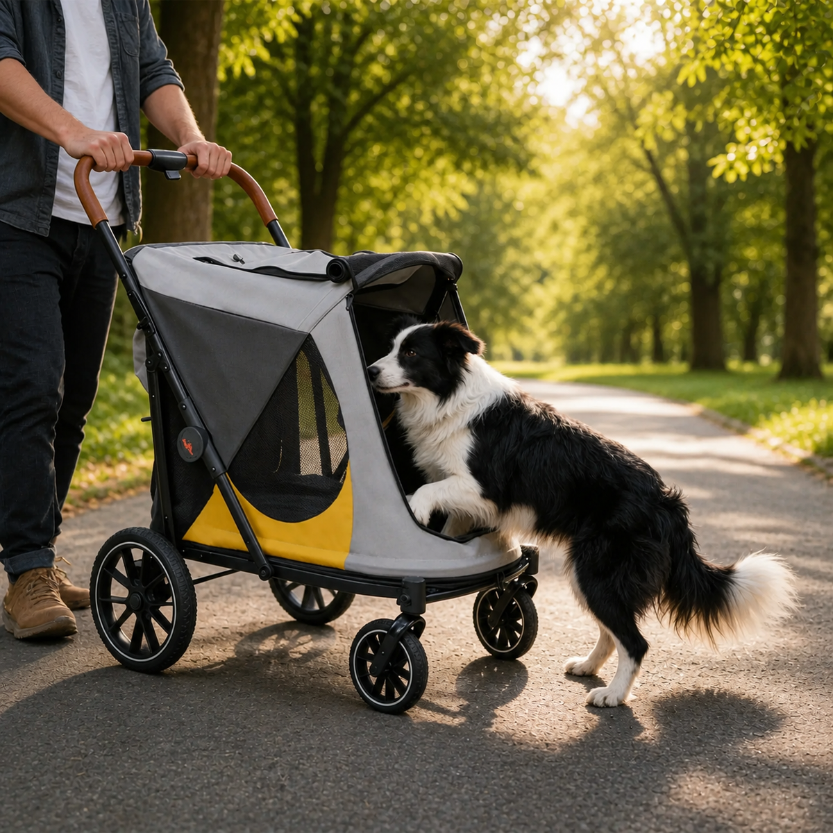 Hund bredvid hundvagn för stor hund som storleksreferens