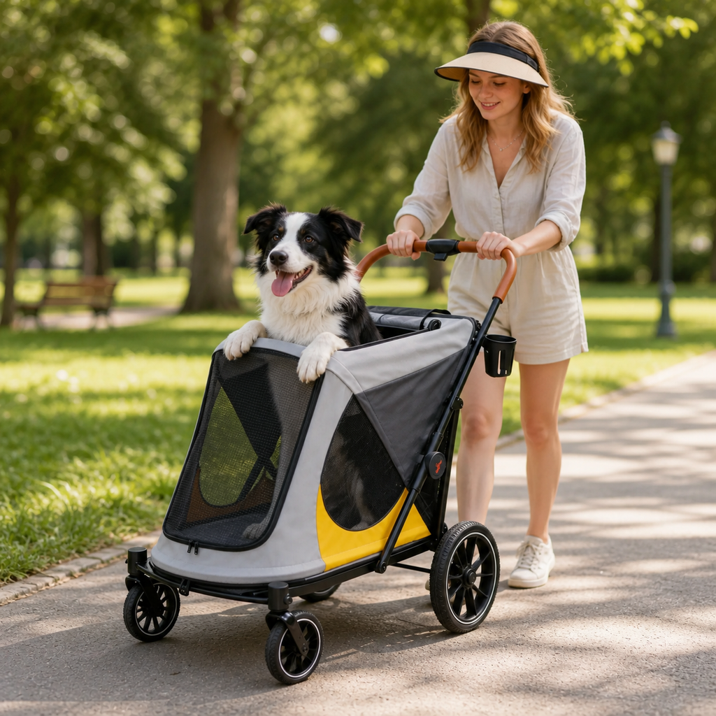 Hund i grå och gul hundvagn under promenad i park
