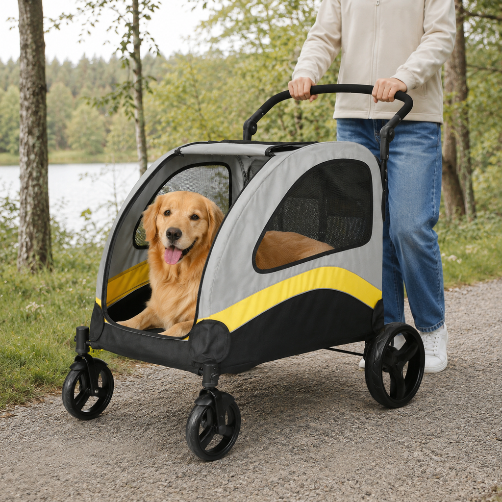 Stor hund i grå och gul hundvagn på en parkväg