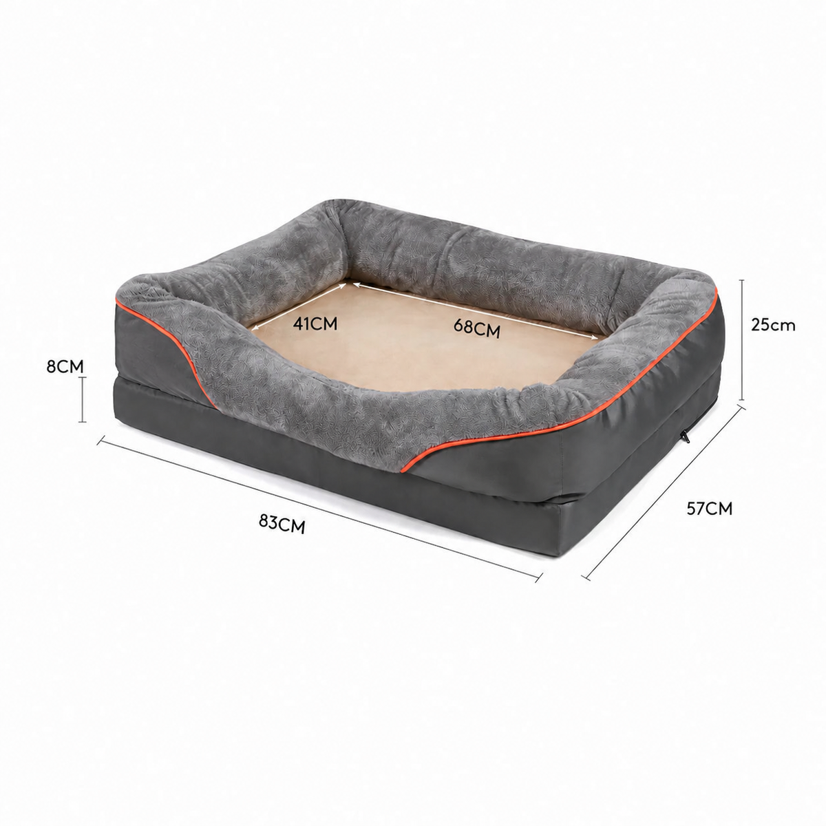 Mått för hundbädd L: 83 × 57 × 25 cm, liggyta 68 × 41 cm och skumbas 8 cm