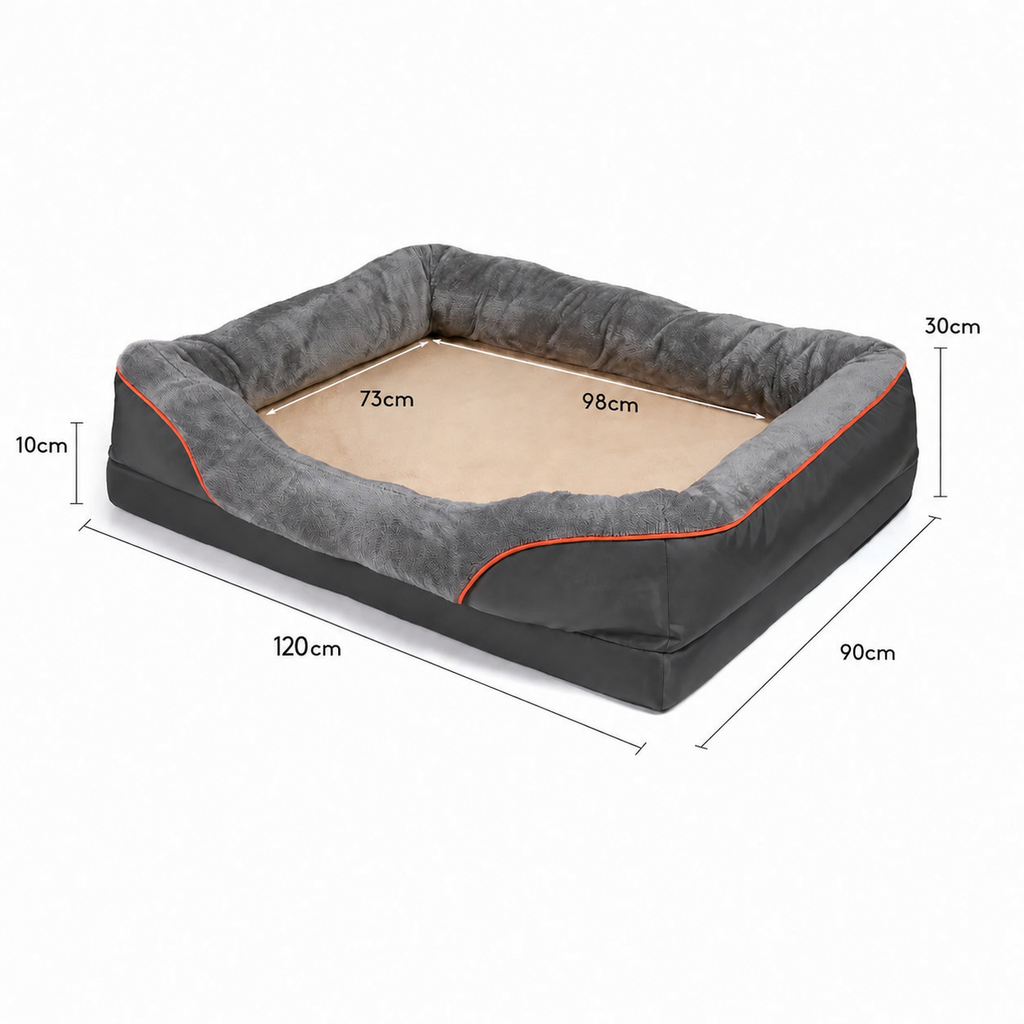 Mått för hundbädd XXL: 120 × 90 × 30 cm, liggyta 98 × 73 cm och skumbas 10 cm