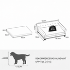 Måttskiss för grå hundsoffa med rekommenderad hundvikt upp till 35 kg och maxbelastning 80 kg