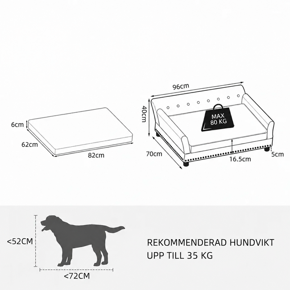 Måttskiss för grå hundsoffa med rekommenderad hundvikt upp till 35 kg och maxbelastning 80 kg