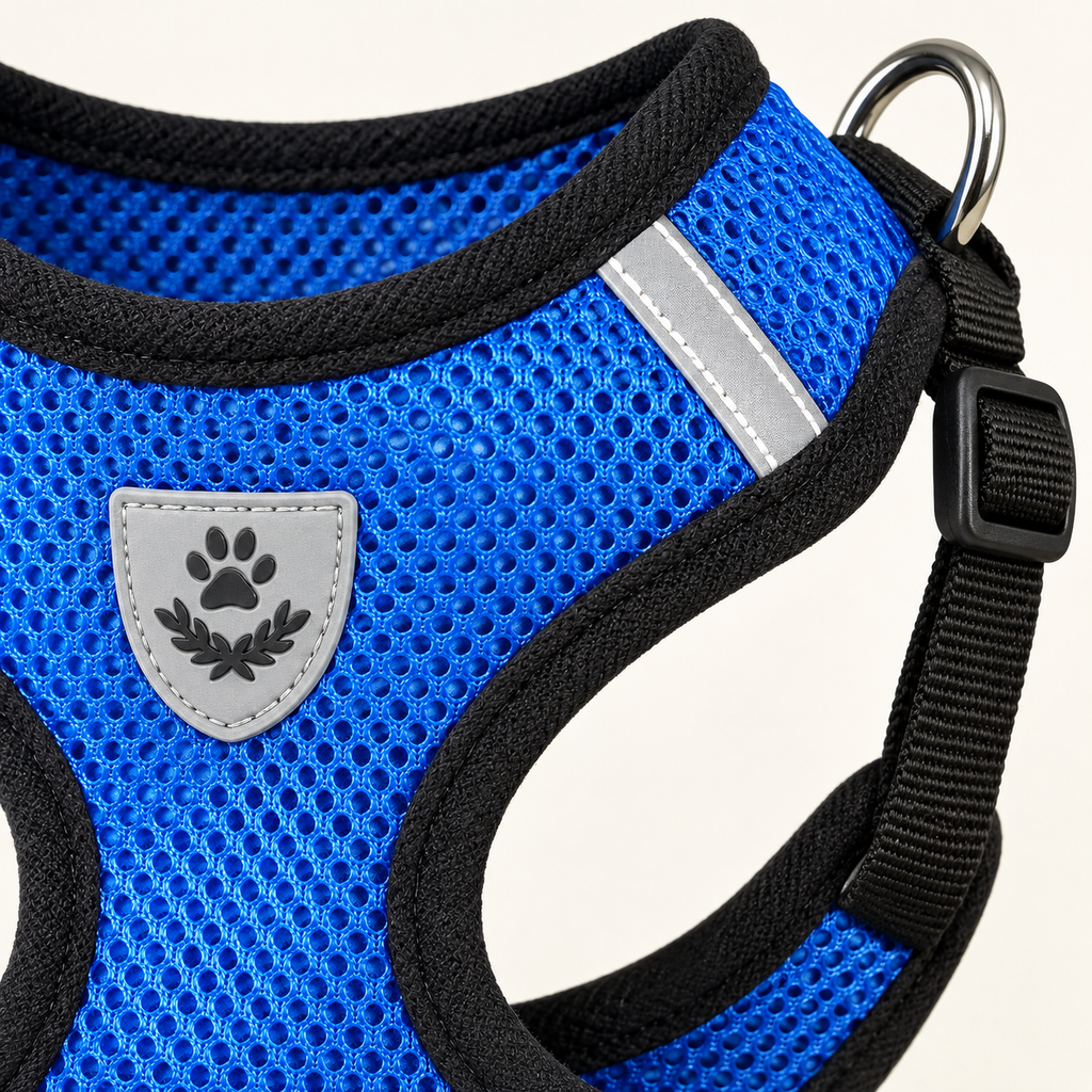 Detalj av blå kattsele med mesh, reflex och D-ring