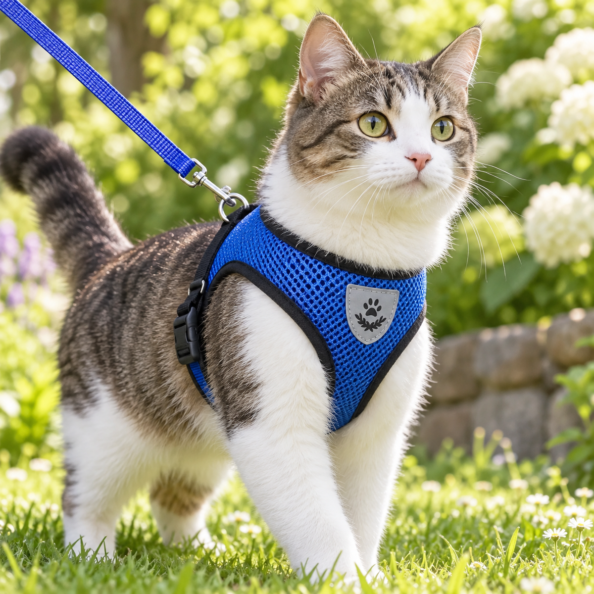 Blå kattsele med koppel på katt i trädgård