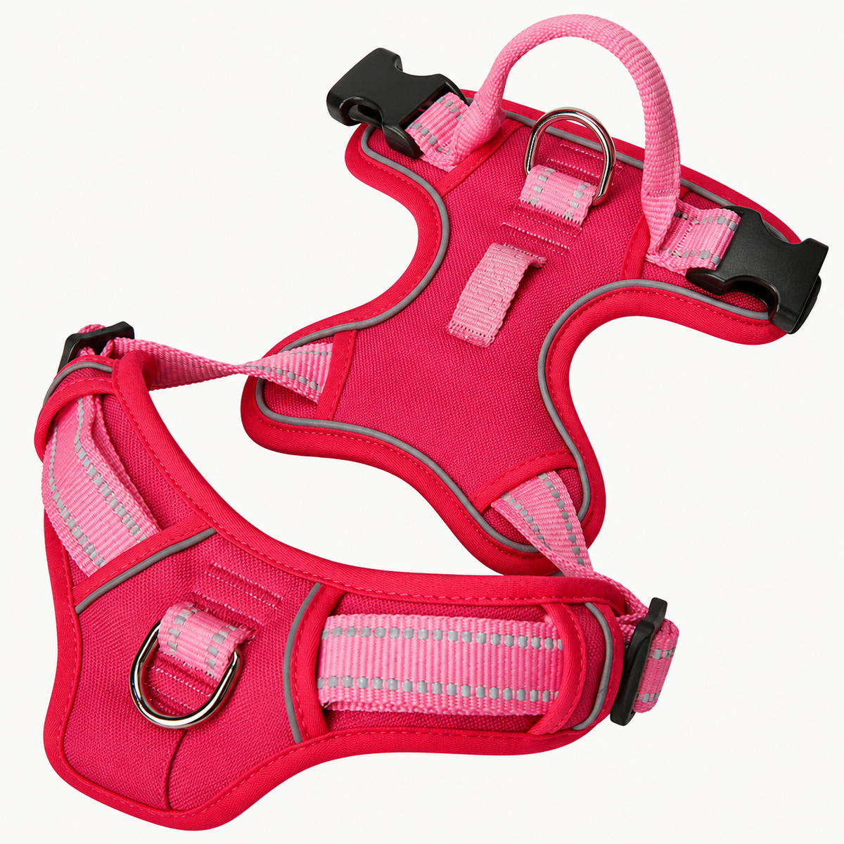Öppen fuchsia hundsele sedd ovanifrån