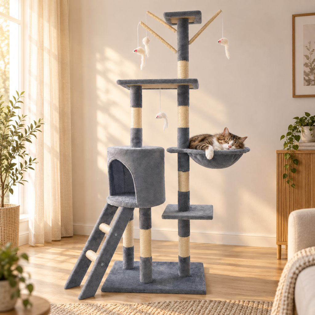 Grått klösträd med koja och hängmatta, 139 cm – kansla sovande katt