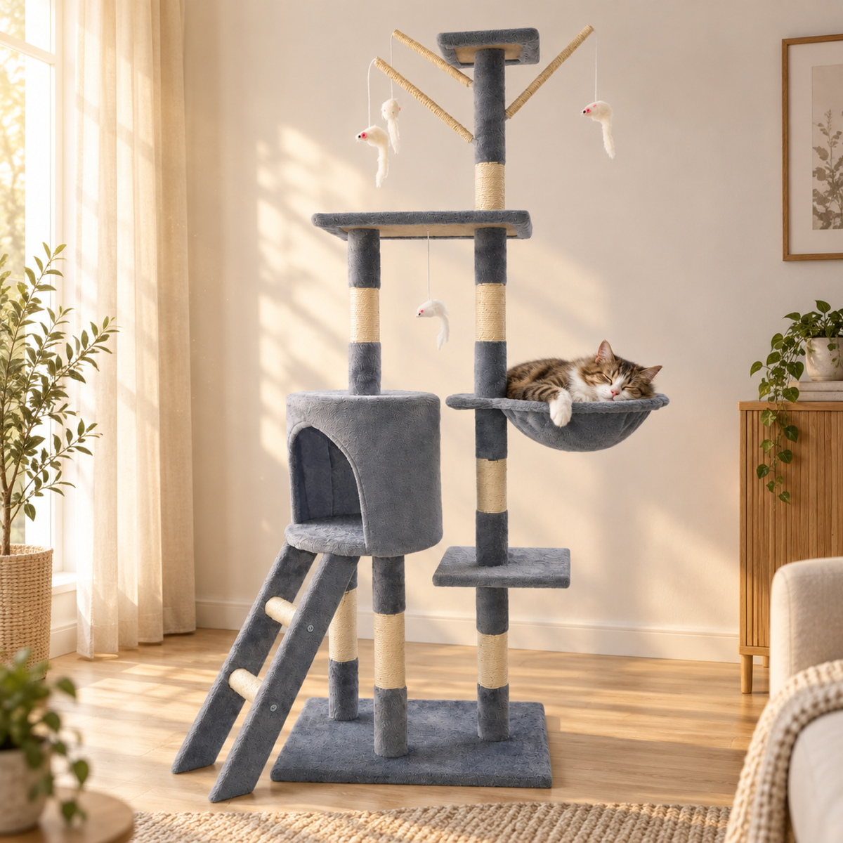Grått klösträd med koja och hängmatta, 139 cm – kansla sovande katt