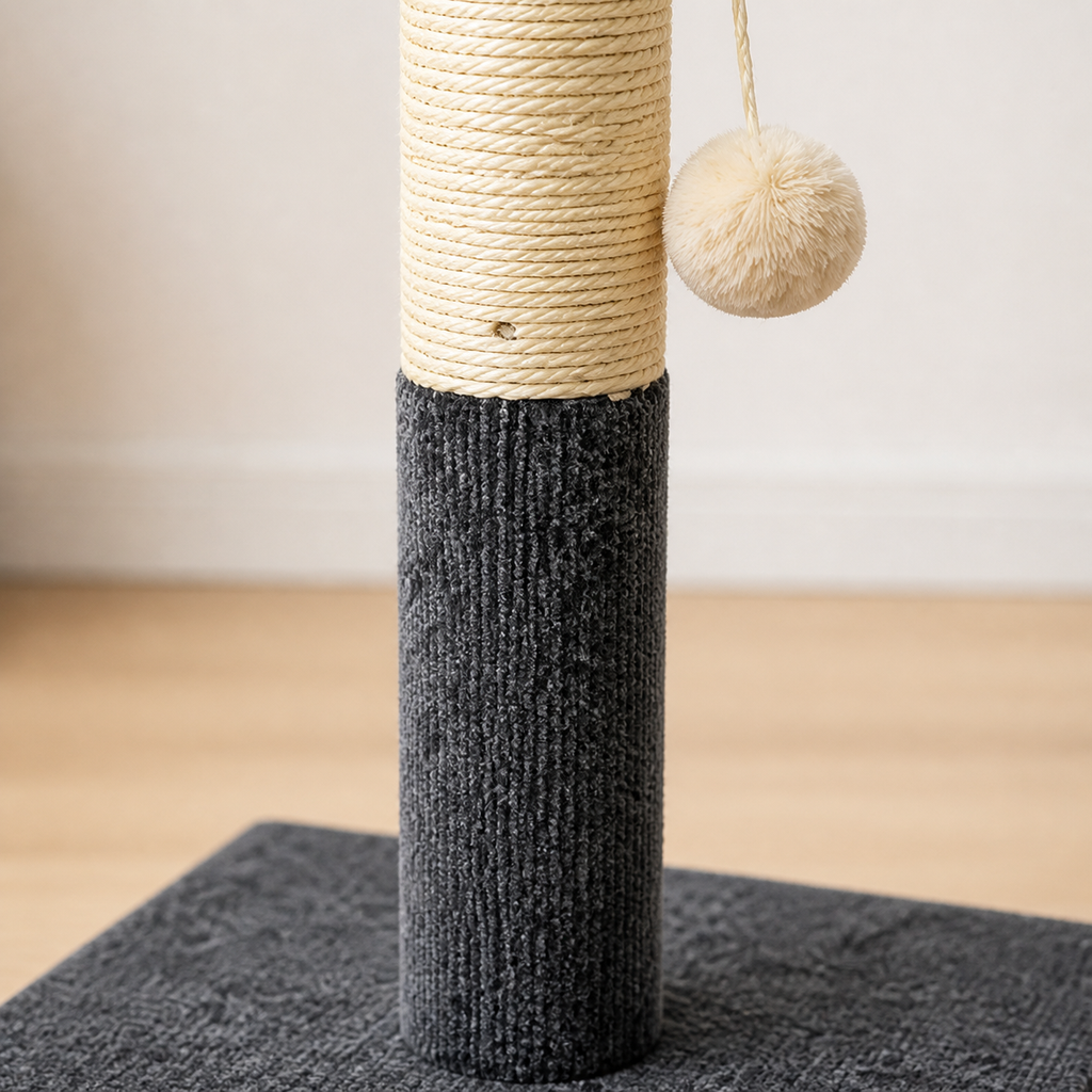 Närbild av sisal och grå fleece på klöspelaren