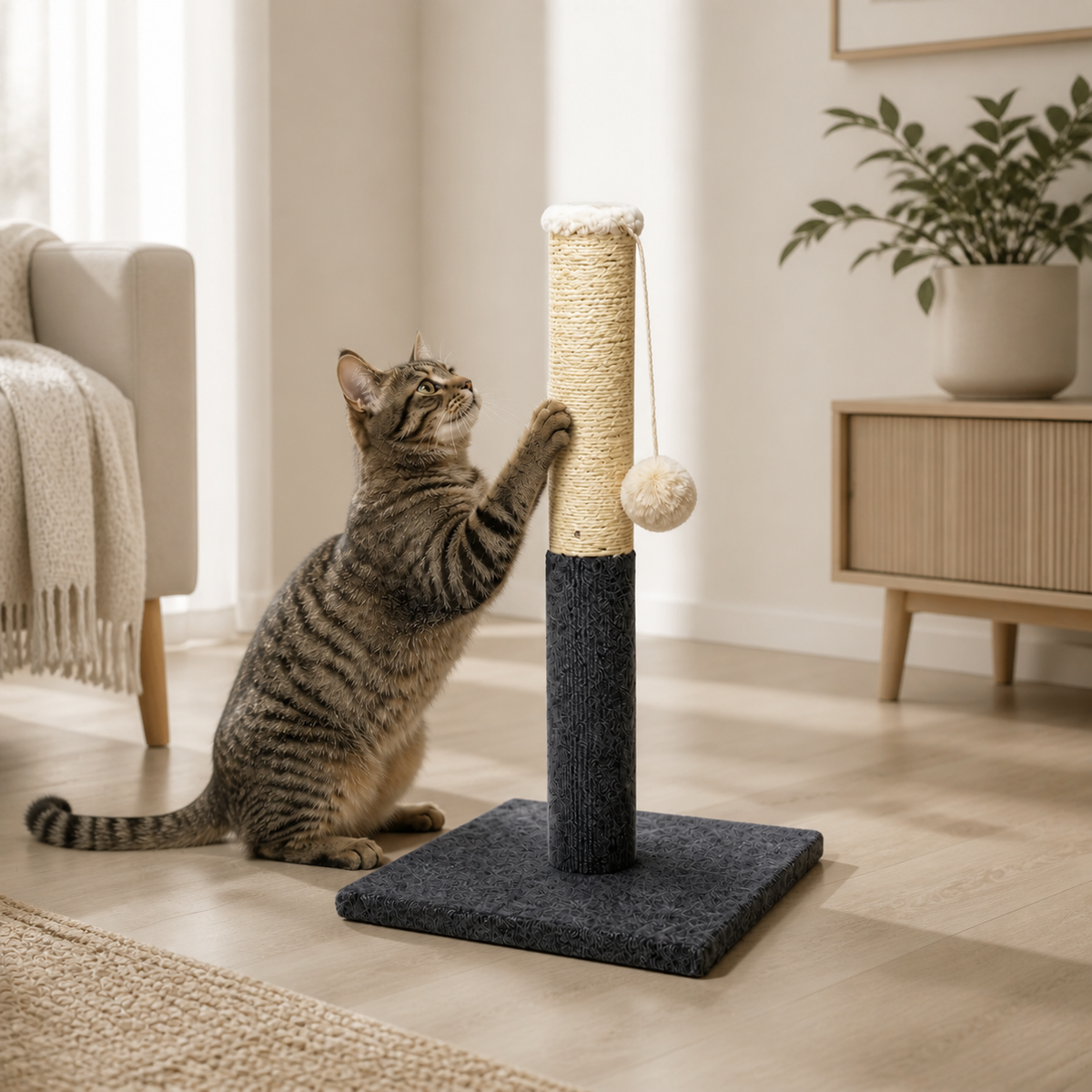 Katt som använder en grå och beige klöspelare i vardagsrum