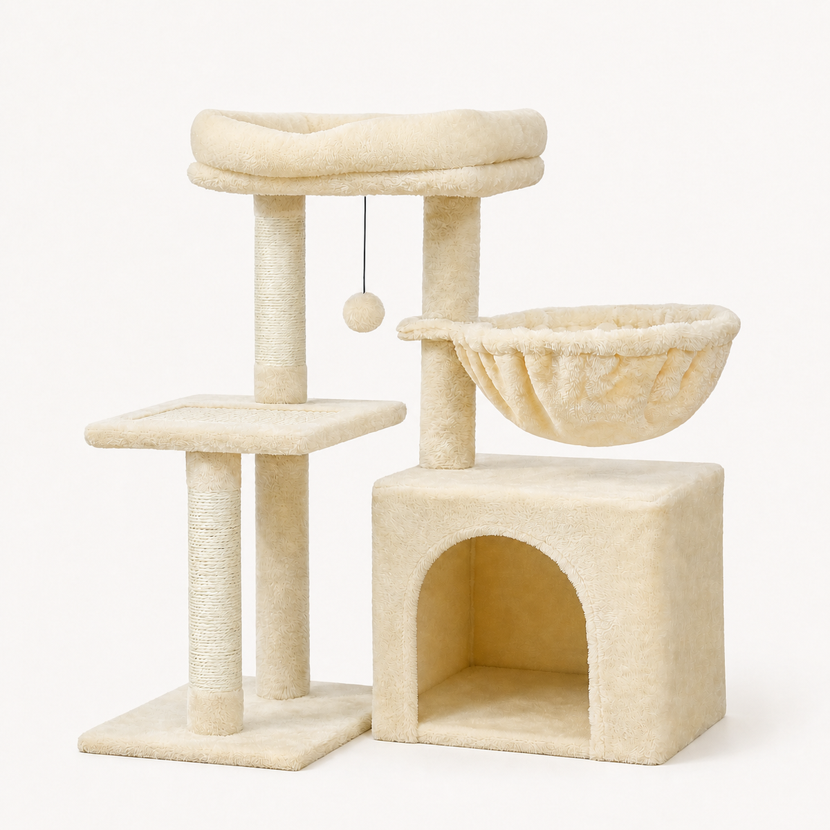 Beige kompakt klösträd med koja, hängmatta och topplatta