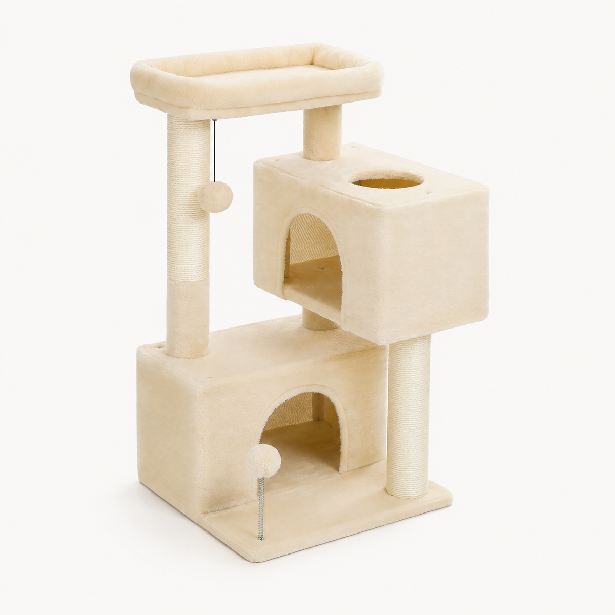 Beige klösträd med två kattkojor och toppbädd