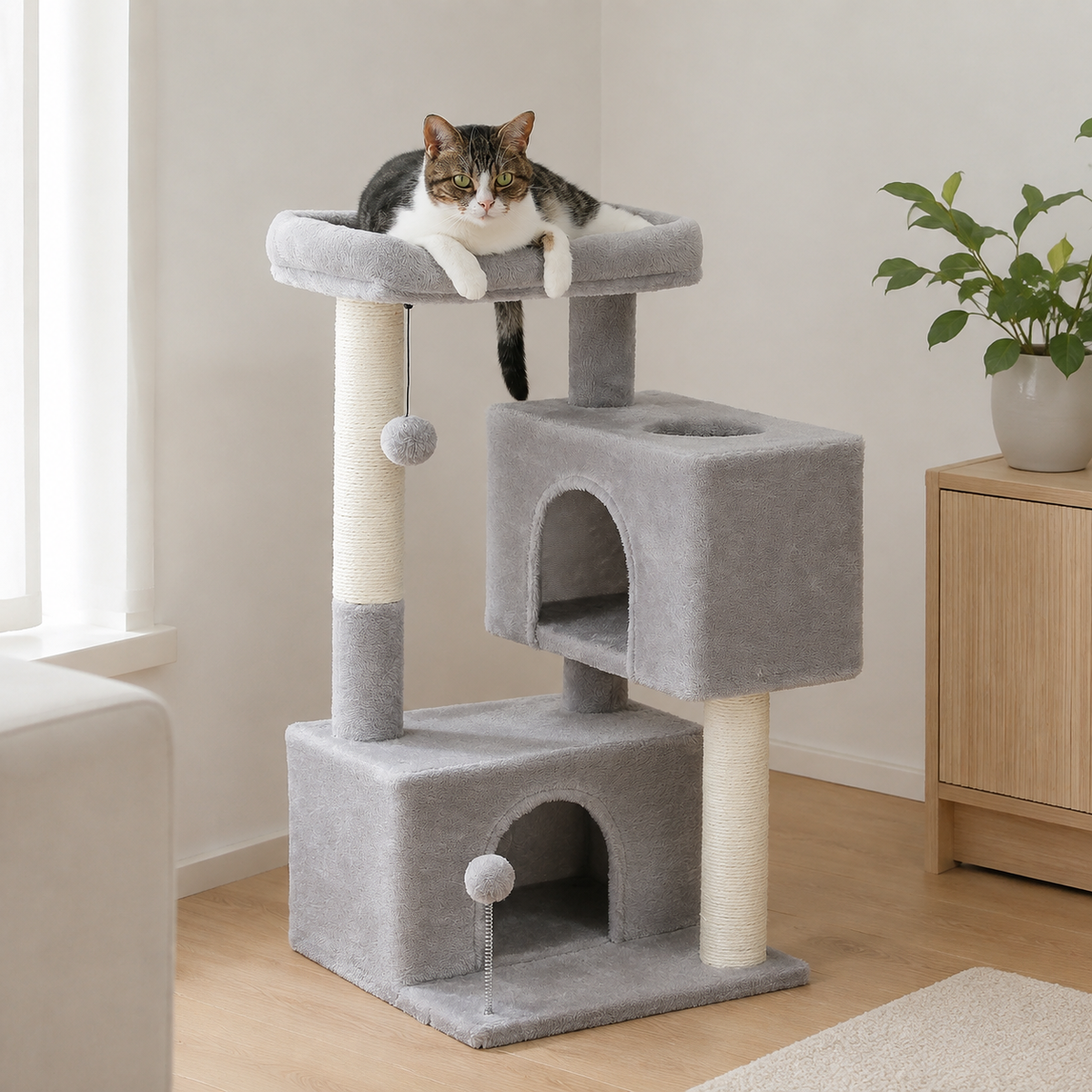 Ljusgrått klösträd i hemmiljö med katt