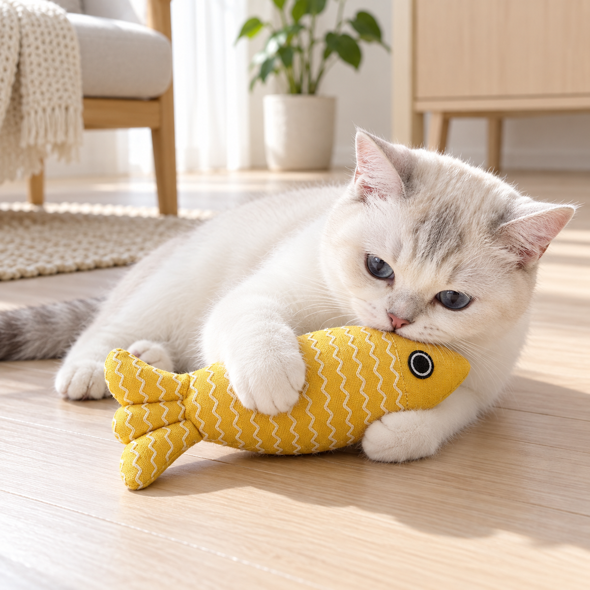 Katt som håller en ljusgul fiskformad kattleksak
