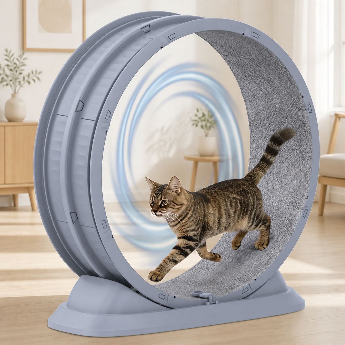 Ljusgrått kattmotionshjul med grå löpmatta och katt