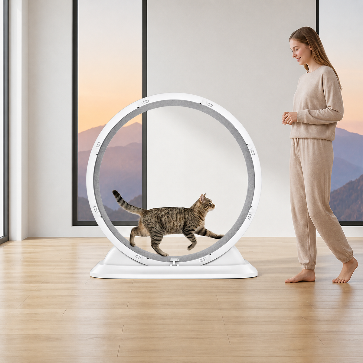 Vitt kattmotionshjul bredvid vuxen person och katt för storleksjämförelse
