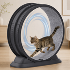 Svart kattmotionshjul med grå löpmatta och katt