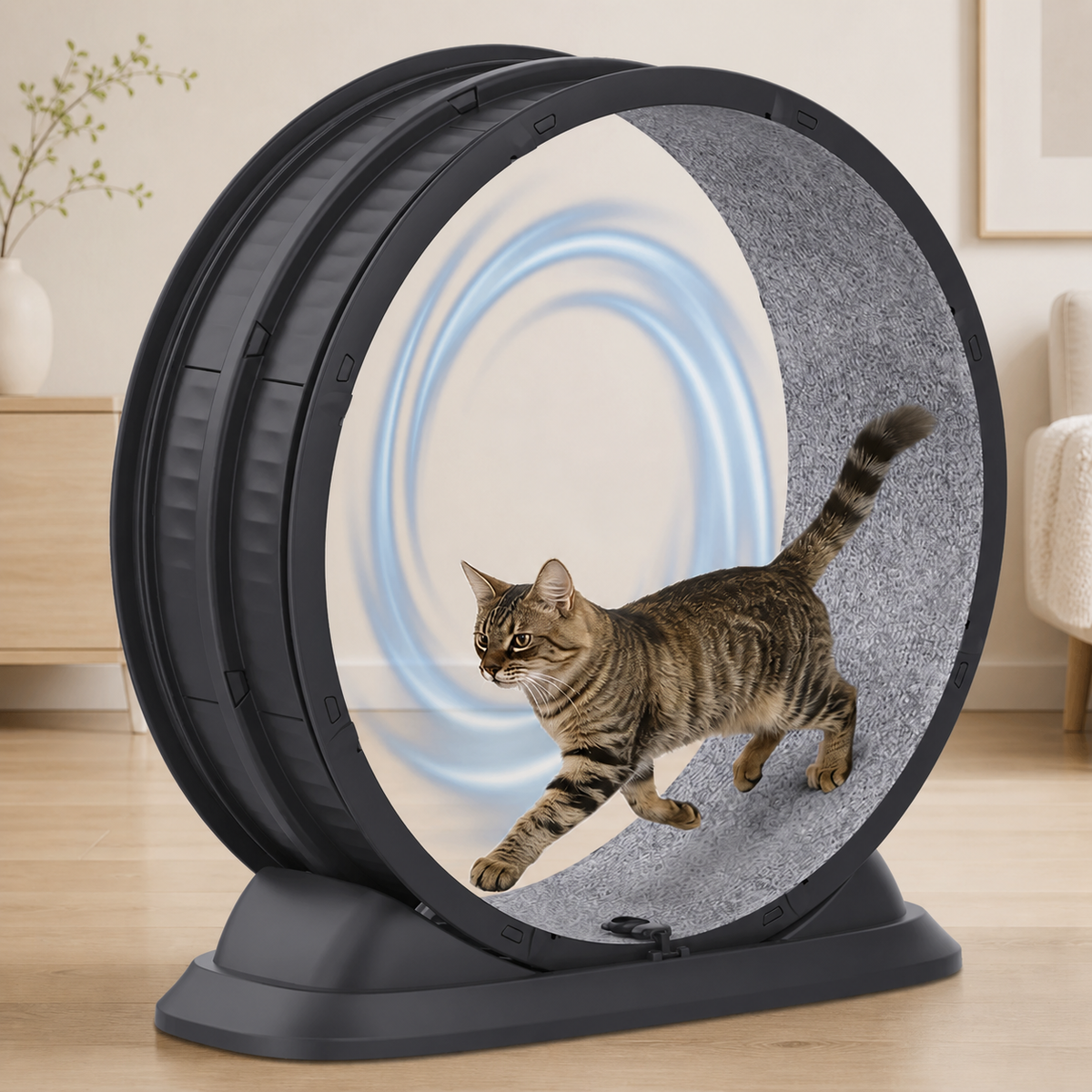 Svart kattmotionshjul med grå löpmatta och katt