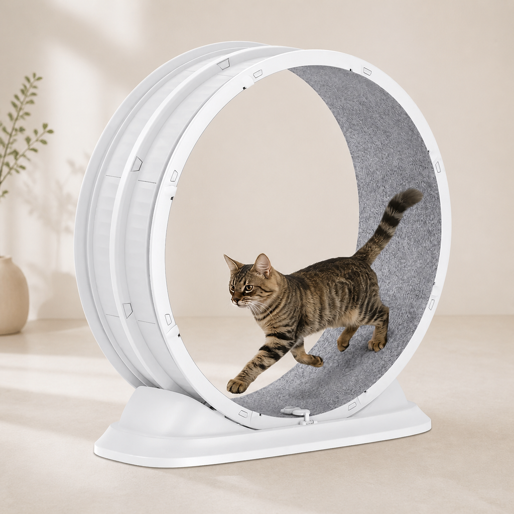 Vitt kattmotionshjul med grå löpmatta och katt som springer