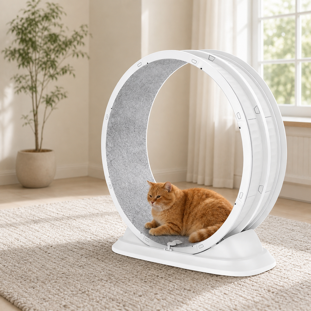 Vitt kattmotionshjul med grå löpmatta och katt som sitter i hjulet