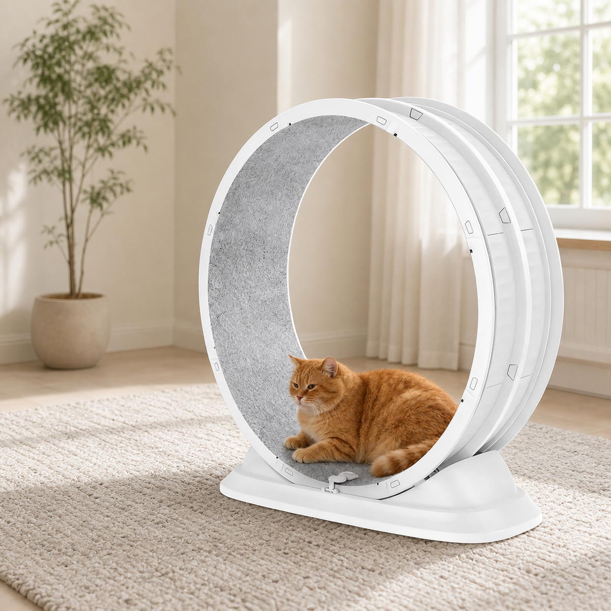 Vitt kattmotionshjul med grå löpmatta och katt som sitter i hjulet
