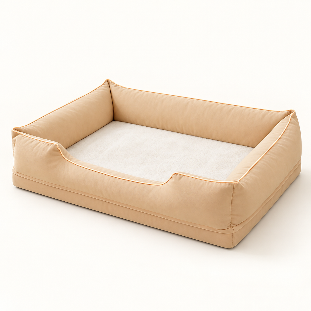 Beige ortopedisk hundbädd med mjuk liggyta