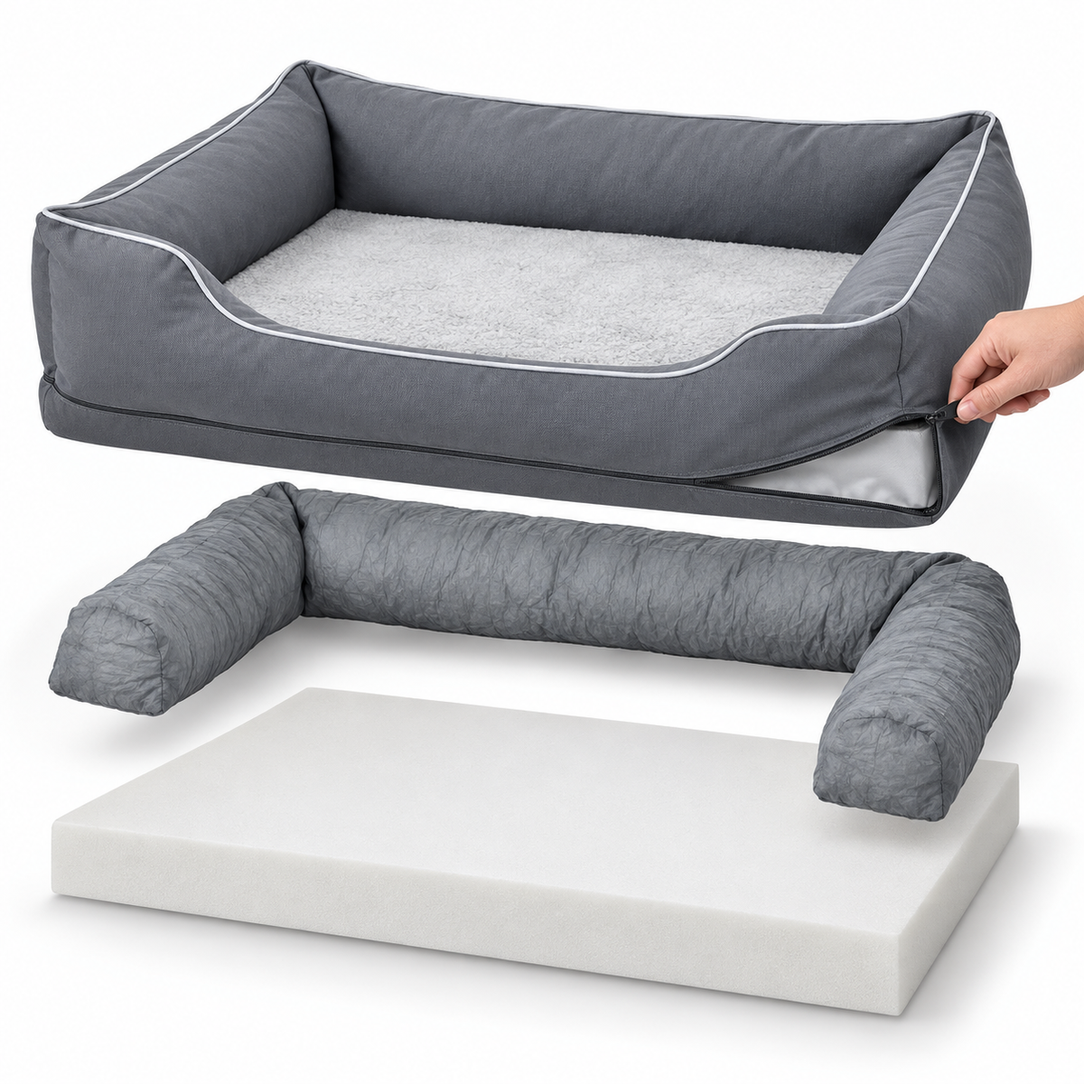 Närbild av dold dragkedja på beige hundbädd